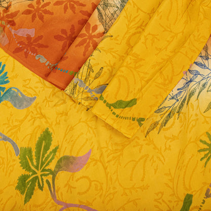 Sanskriti Vintage Saree Yellow Pure Crepe Silk Floral Print Sari 5.5+Yard Fabric