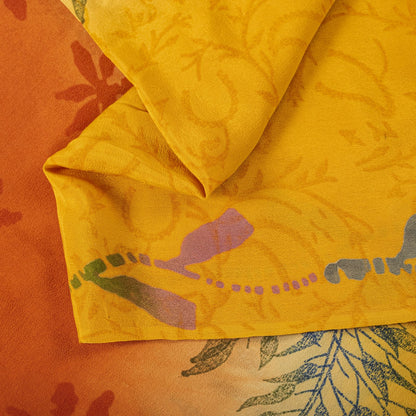 Sanskriti Vintage Saree Yellow Pure Crepe Silk Floral Print Sari 5.5+Yard Fabric