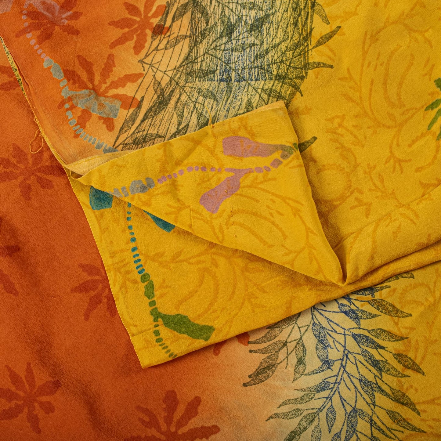 Sanskriti Vintage Saree Yellow Pure Crepe Silk Floral Print Sari 5.5+Yard Fabric