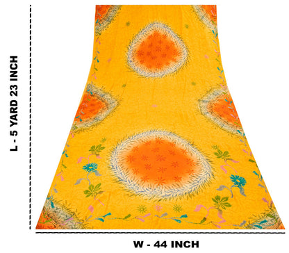 Sanskriti Vintage Saree Yellow Pure Crepe Silk Floral Print Sari 5.5+Yard Fabric
