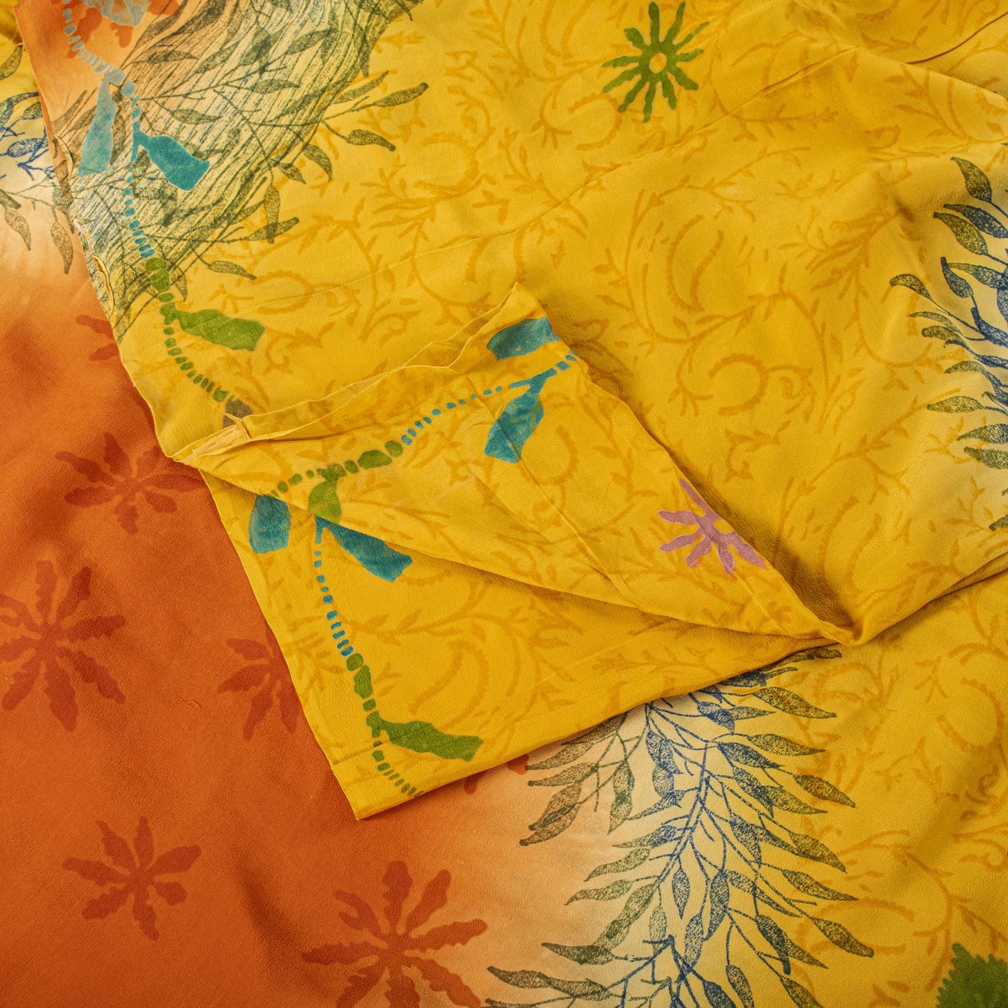 Sanskriti Vintage Saree Yellow Pure Crepe Silk Floral Print Sari 5.5+Yard Fabric