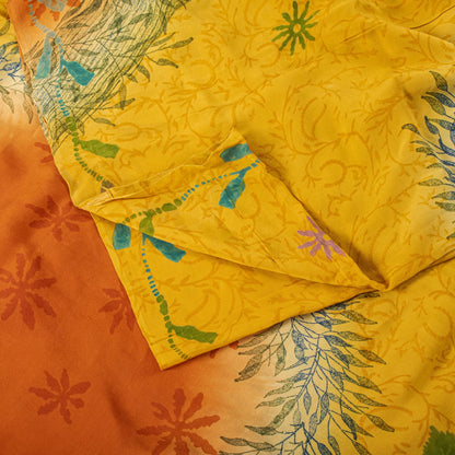 Sanskriti Vintage Saree Yellow Pure Crepe Silk Floral Print Sari 5.5+Yard Fabric