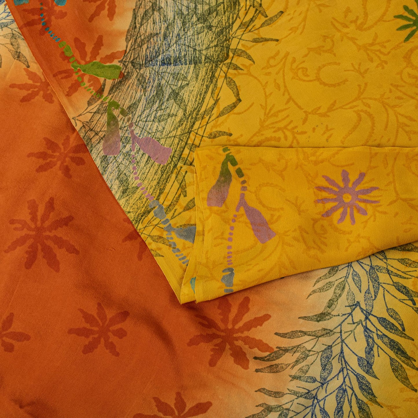 Sanskriti Vintage Saree Yellow Pure Crepe Silk Floral Print Sari 5.5+Yard Fabric