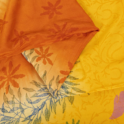 Sanskriti Vintage Saree Yellow Pure Crepe Silk Floral Print Sari 5.5+Yard Fabric