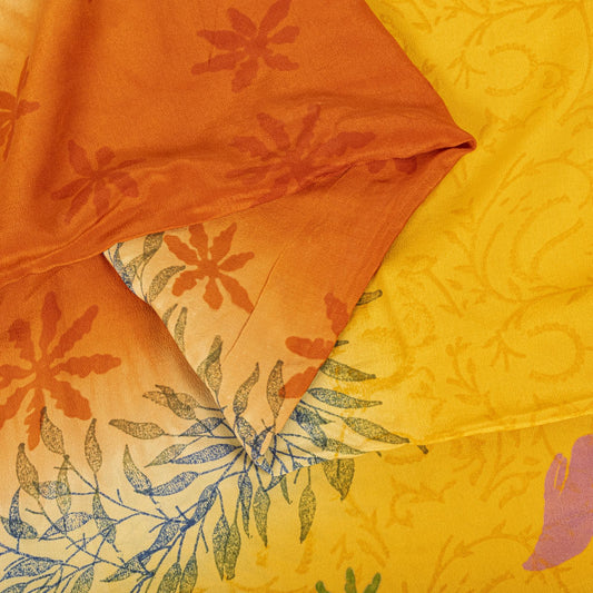 Sanskriti Vintage Saree Yellow Pure Crepe Silk Floral Print Sari 5.5+Yard Fabric