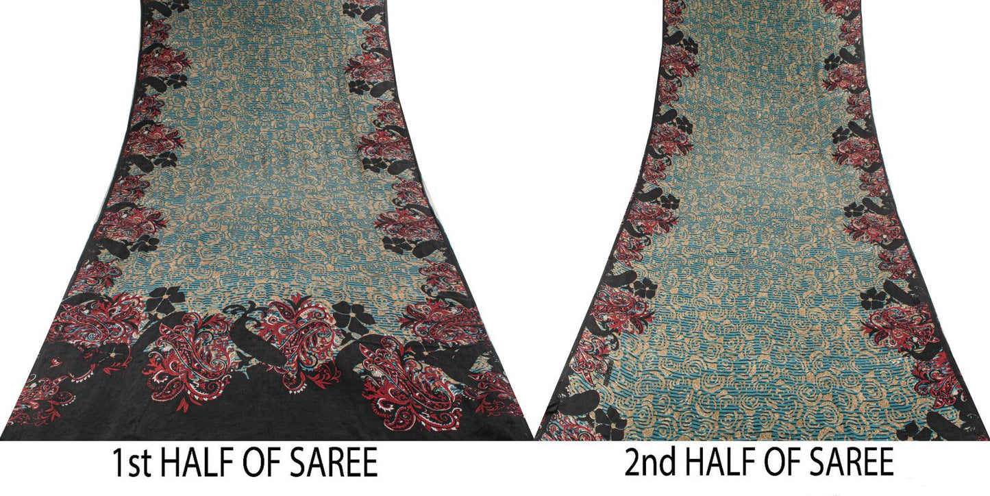 Sanskriti Vintage Saree Blue 100% Pure Crepe Paisley Print Sari 5.5+Yard Fabric