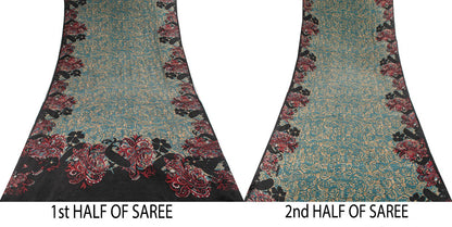 Sanskriti Vintage Saree Blue 100% Pure Crepe Paisley Print Sari 5.5+Yard Fabric