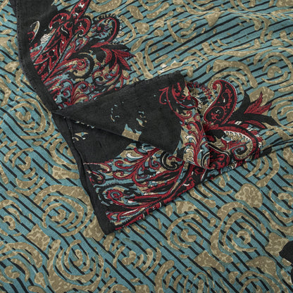 Sanskriti Vintage Saree Blue 100% Pure Crepe Paisley Print Sari 5.5+Yard Fabric