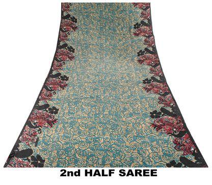 Sanskriti Vintage Saree Blue 100% Pure Crepe Paisley Print Sari 5.5+Yard Fabric