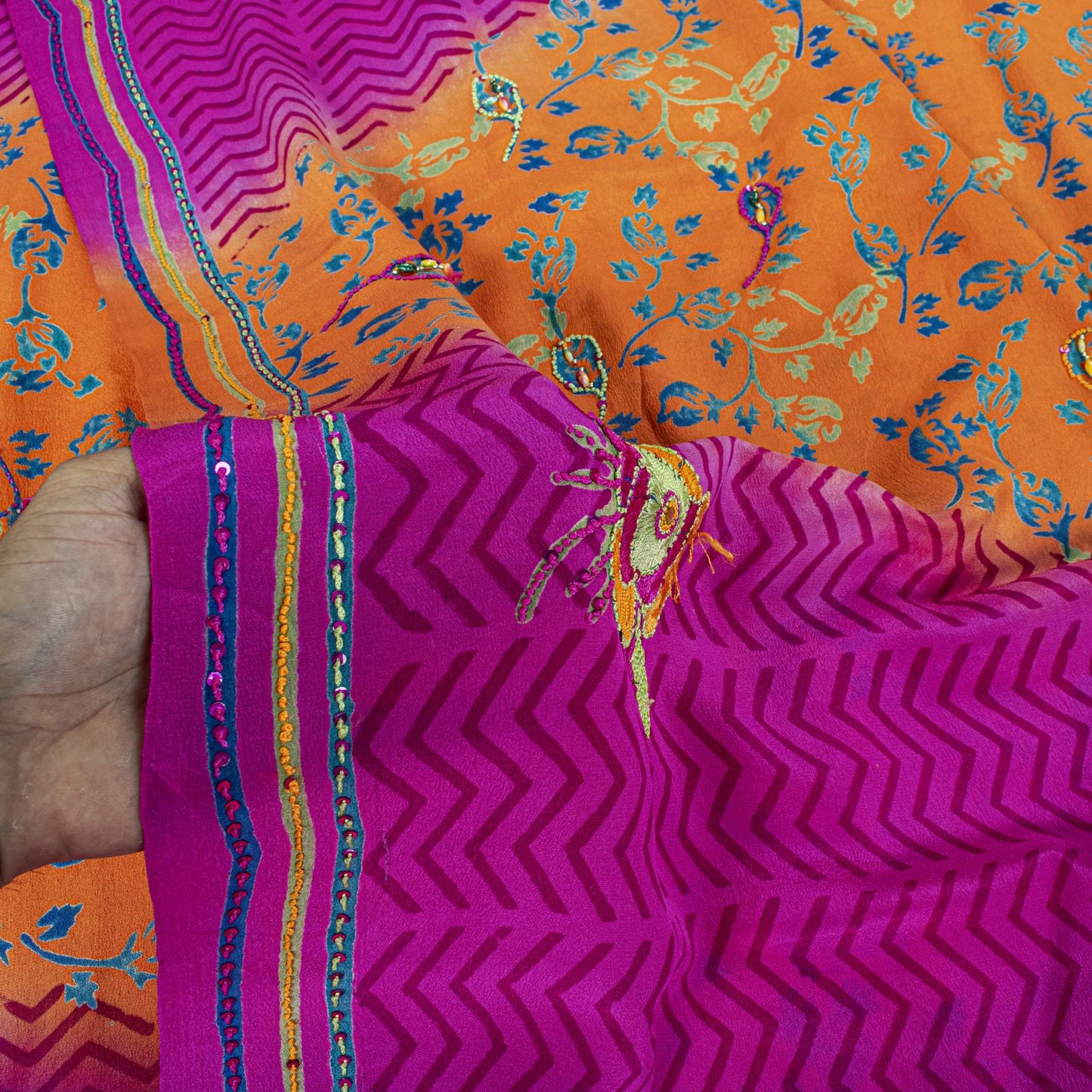 Sanskriti Vintage Saree Orange-Purple Pure Crepe Hand Embroidered-Print 5Yd Sari