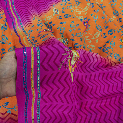 Sanskriti Vintage Saree Orange-Purple Pure Crepe Hand Embroidered-Print 5Yd Sari