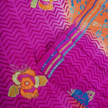 Sanskriti Vintage Saree Orange-Purple Pure Crepe Hand Embroidered-Print 5Yd Sari