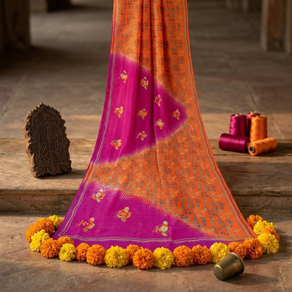 Sanskriti Vintage Saree Orange-Purple Pure Crepe Hand Embroidered-Print 5Yd Sari