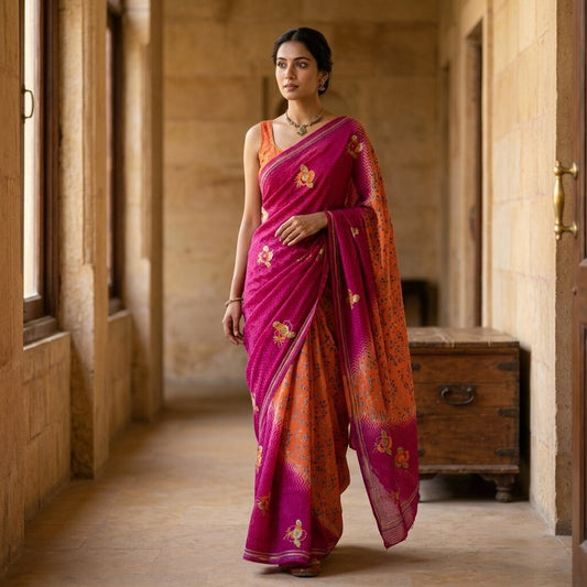 Sanskriti Vintage Saree Orange-Purple Pure Crepe Hand Embroidered-Print 5Yd Sari
