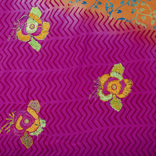 Sanskriti Vintage Saree Orange-Purple Pure Crepe Hand Embroidered-Print 5Yd Sari