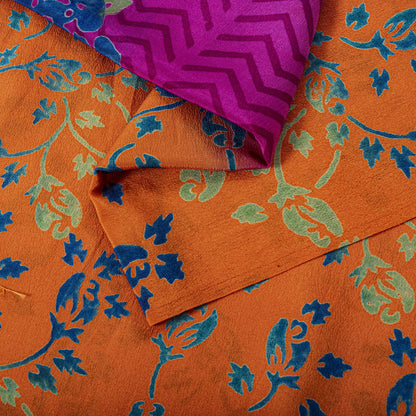 Sanskriti Vintage Saree Orange-Purple Pure Crepe Hand Embroidered-Print 5Yd Sari