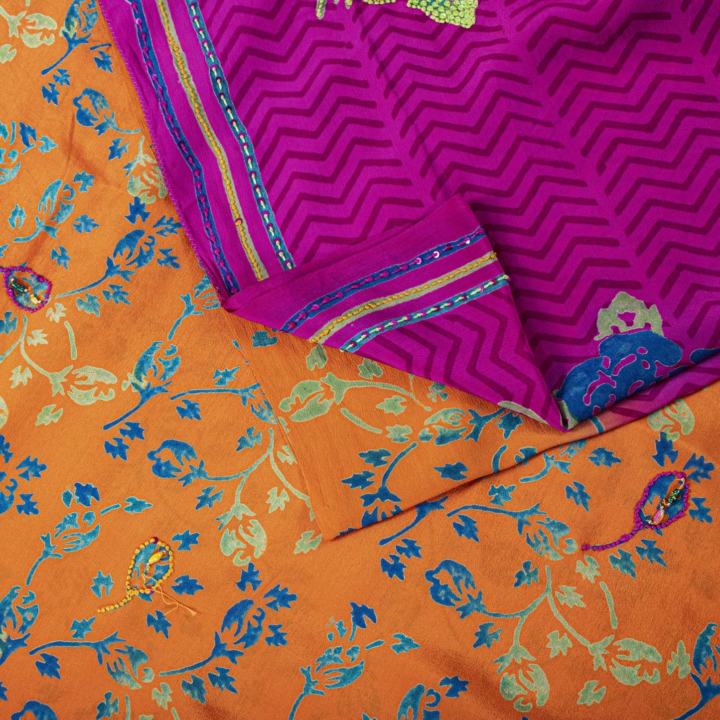 Sanskriti Vintage Saree Orange-Purple Pure Crepe Hand Embroidered-Print 5Yd Sari