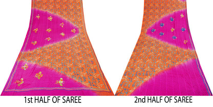 Sanskriti Vintage Saree Orange-Purple Pure Crepe Hand Embroidered-Print 5Yd Sari