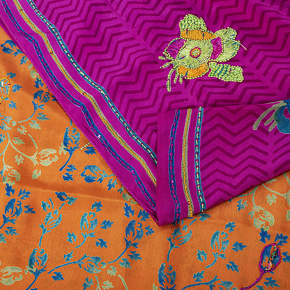 Sanskriti Vintage Saree Orange-Purple Pure Crepe Hand Embroidered-Print 5Yd Sari