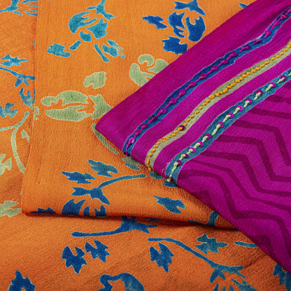 Sanskriti Vintage Saree Orange-Purple Pure Crepe Hand Embroidered-Print 5Yd Sari