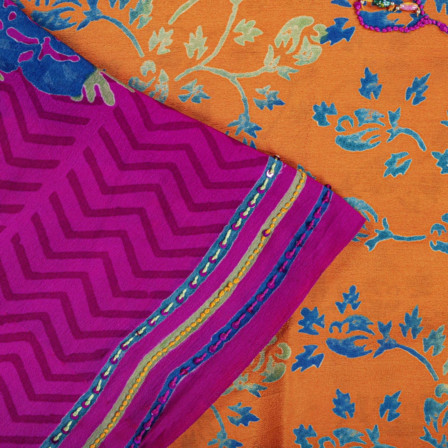 Sanskriti Vintage Saree Orange-Purple Pure Crepe Hand Embroidered-Print 5Yd Sari