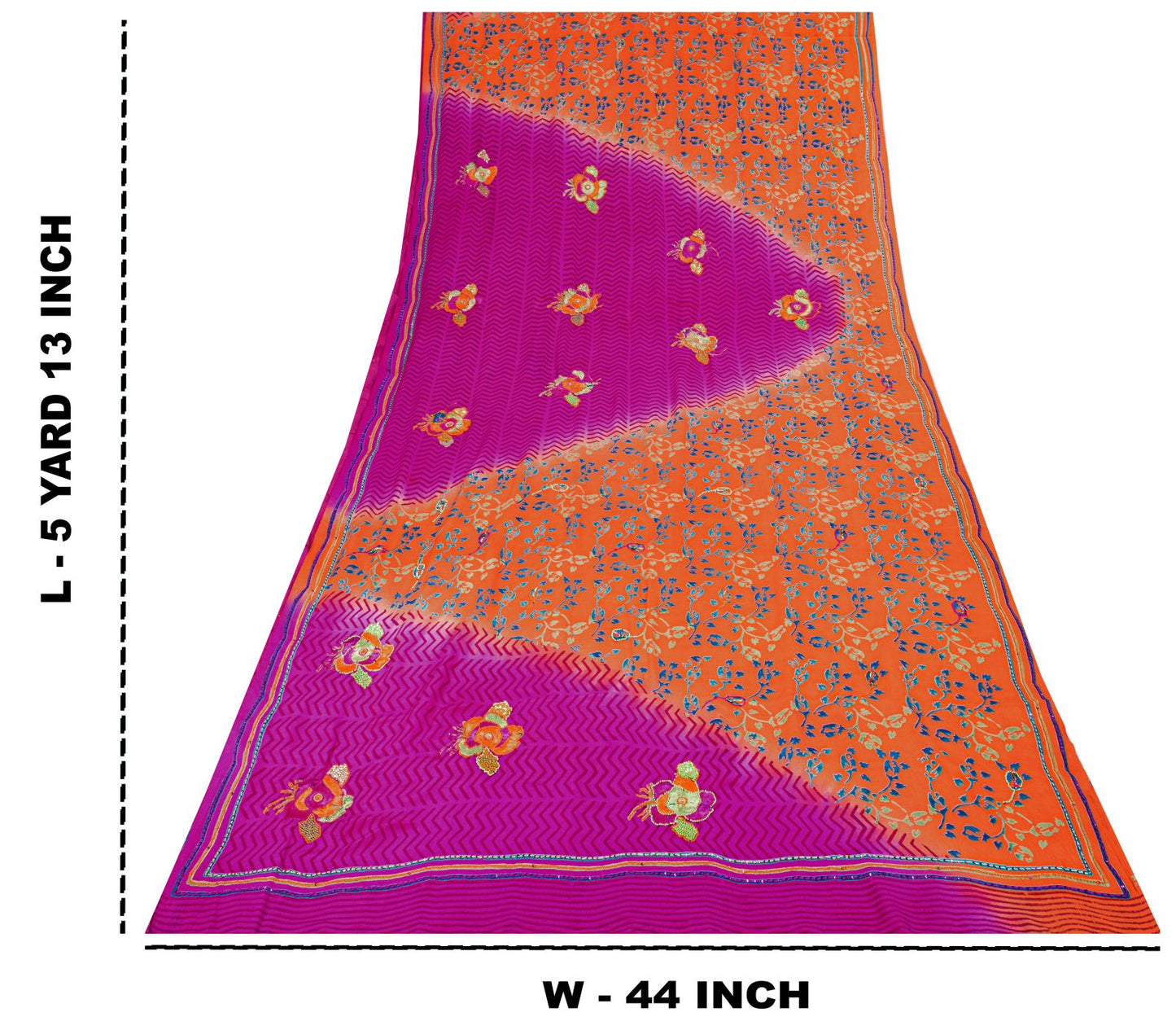 Sanskriti Vintage Saree Orange-Purple Pure Crepe Hand Embroidered-Print 5Yd Sari