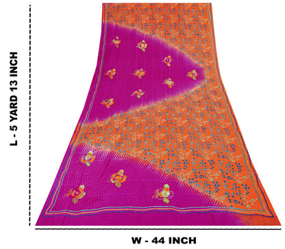 Sanskriti Vintage Saree Orange-Purple Pure Crepe Hand Embroidered-Print 5Yd Sari