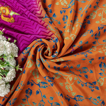 Sanskriti Vintage Saree Orange-Purple Pure Crepe Hand Embroidered-Print 5Yd Sari