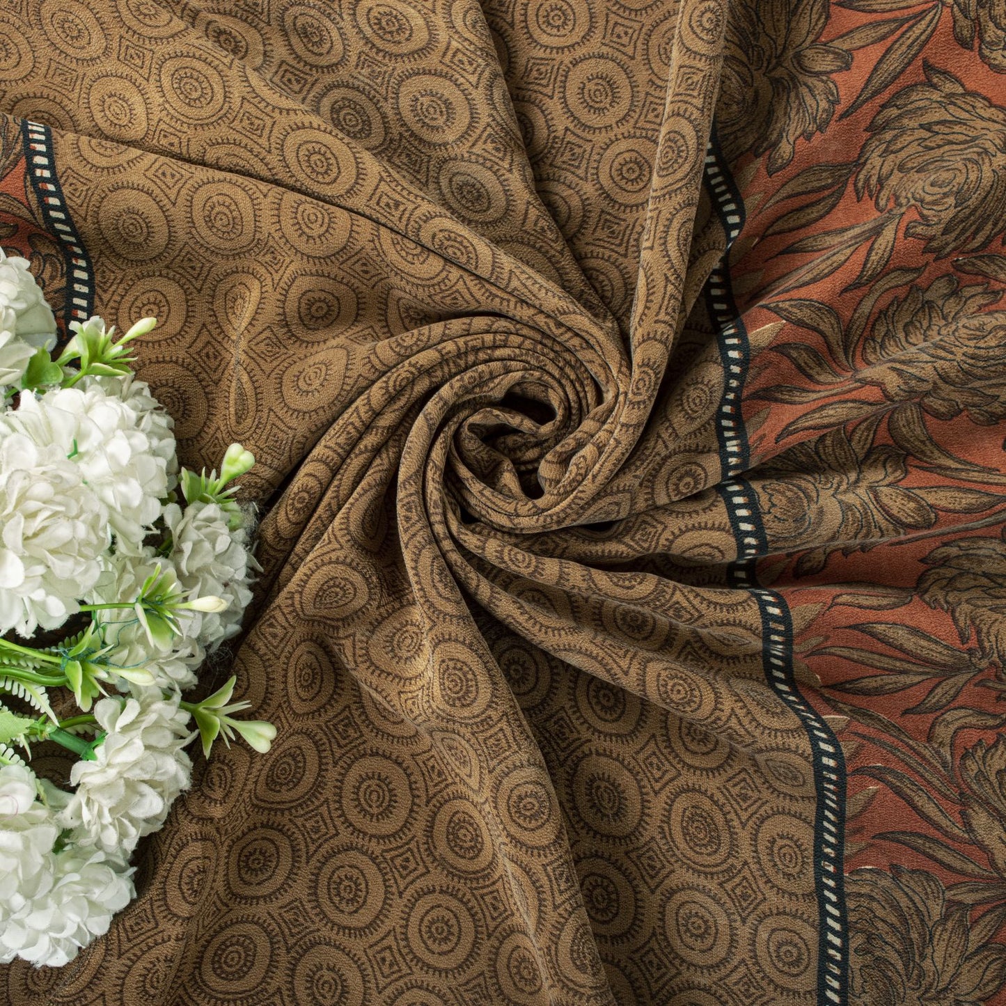 Sanskriti Vintage Saree Brown 100% Pure Crepe Floral Printed Sari 5+Yard Fabric
