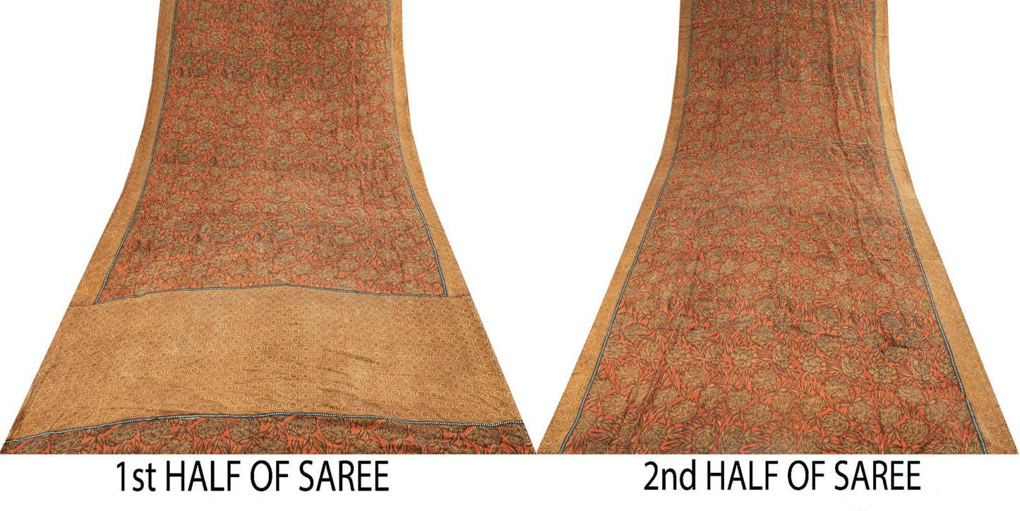 Sanskriti Vintage Saree Brown 100% Pure Crepe Floral Printed Sari 5+Yard Fabric