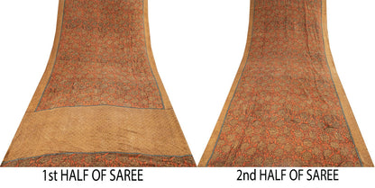 Sanskriti Vintage Saree Brown 100% Pure Crepe Floral Printed Sari 5+Yard Fabric