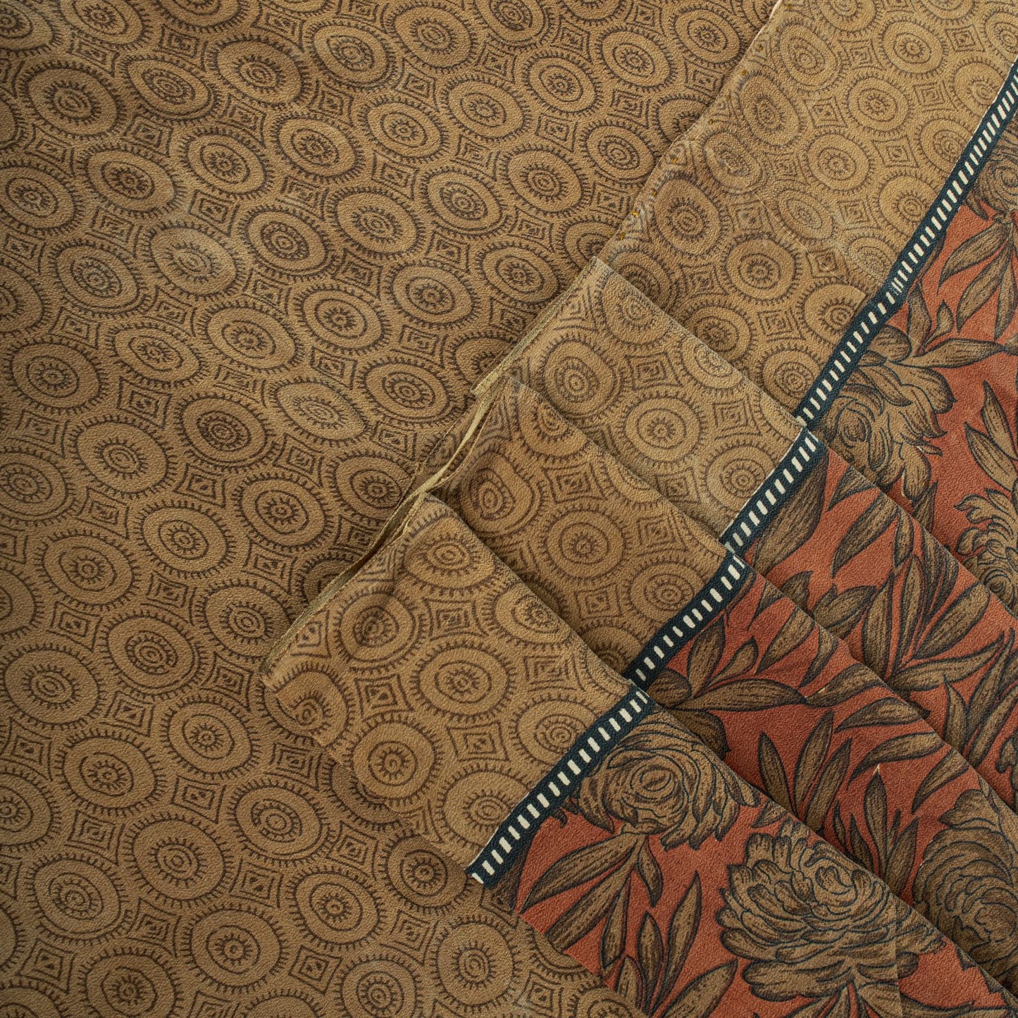 Sanskriti Vintage Saree Brown 100% Pure Crepe Floral Printed Sari 5+Yard Fabric
