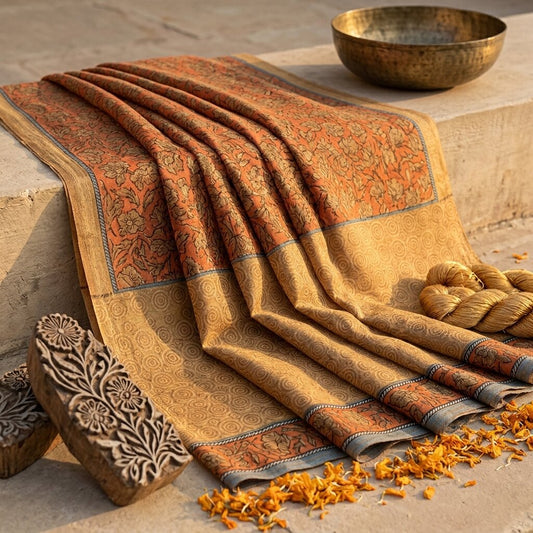 Sanskriti Vintage Saree Brown 100% Pure Crepe Floral Printed Sari 5+Yard Fabric