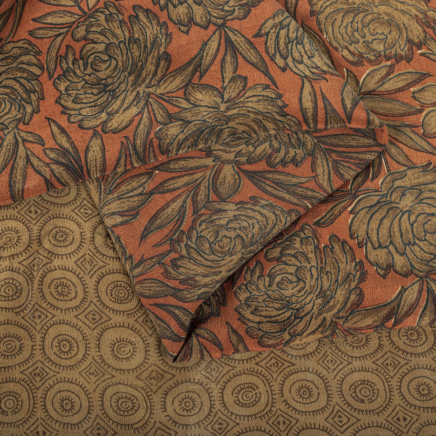 Sanskriti Vintage Saree Brown 100% Pure Crepe Floral Printed Sari 5+Yard Fabric