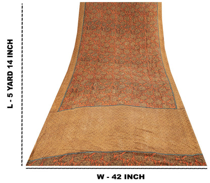 Sanskriti Vintage Saree Brown 100% Pure Crepe Floral Printed Sari 5+Yard Fabric