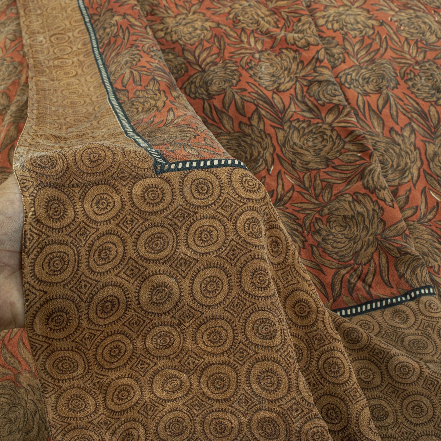 Sanskriti Vintage Saree Brown 100% Pure Crepe Floral Printed Sari 5+Yard Fabric