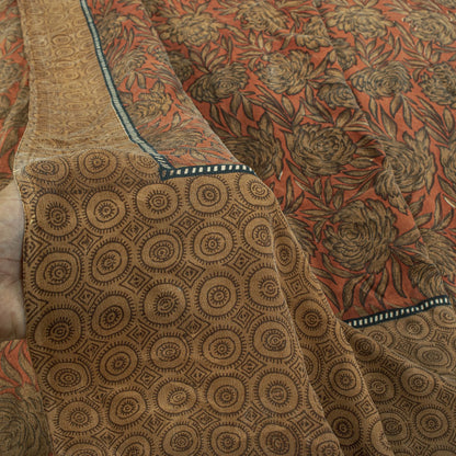 Sanskriti Vintage Saree Brown 100% Pure Crepe Floral Printed Sari 5+Yard Fabric