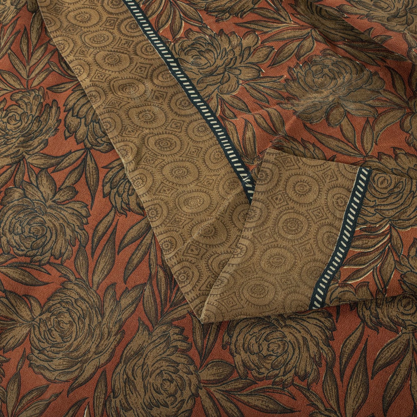Sanskriti Vintage Saree Brown 100% Pure Crepe Floral Printed Sari 5+Yard Fabric
