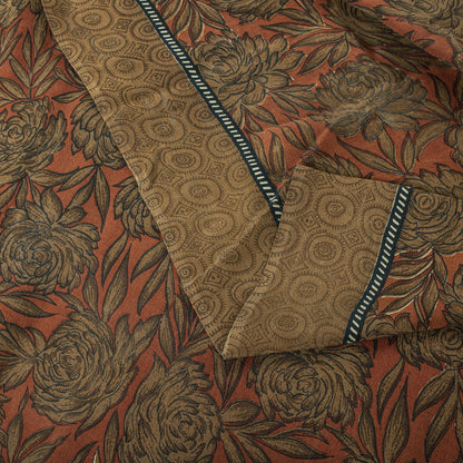 Sanskriti Vintage Saree Brown 100% Pure Crepe Floral Printed Sari 5+Yard Fabric