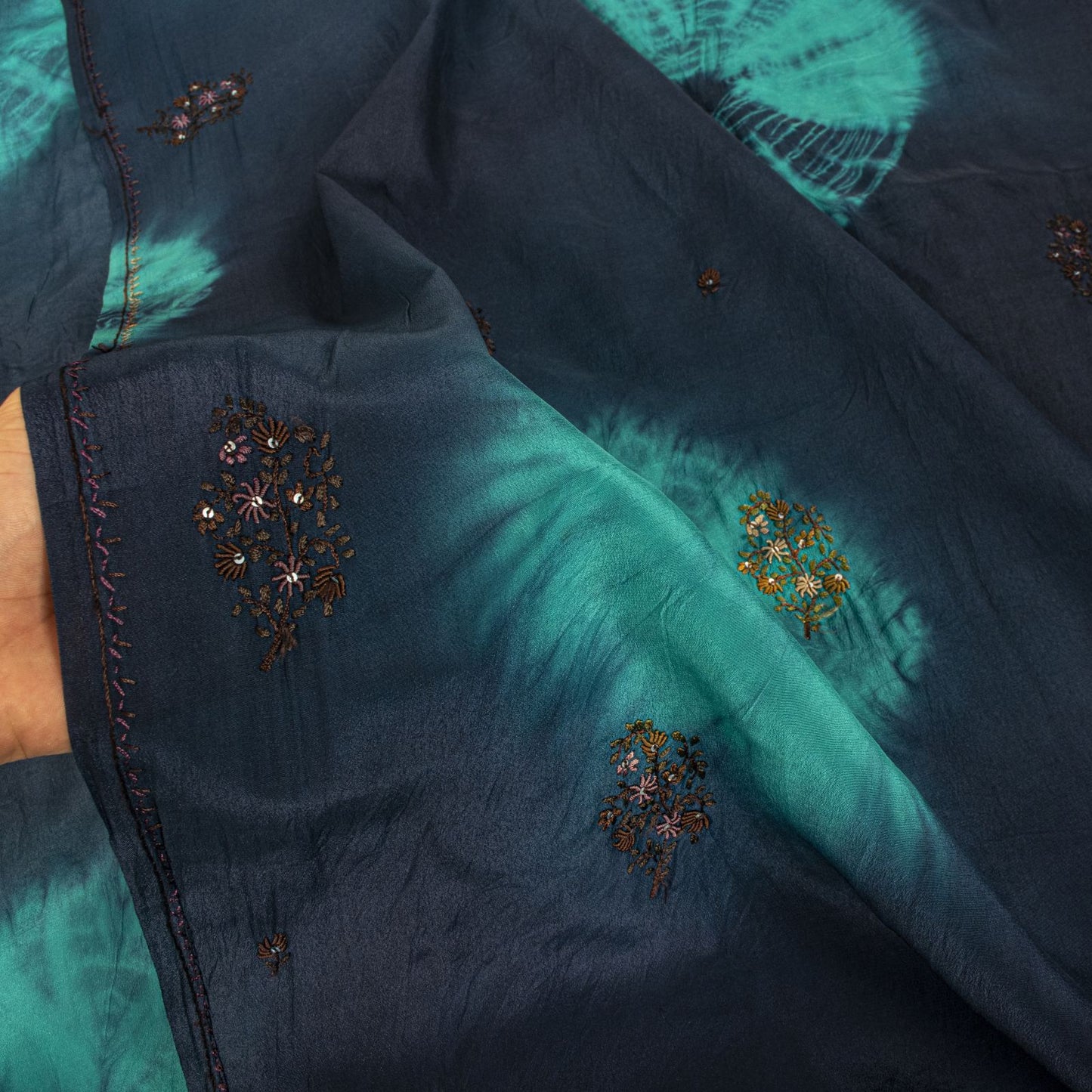 Sanskriti Vintage Saree Blue Pure Crepe Tie-Dye-Hand Embroidered Sari Fabric
