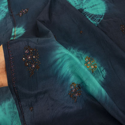Sanskriti Vintage Saree Blue Pure Crepe Tie-Dye-Hand Embroidered Sari Fabric