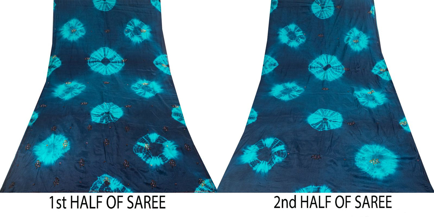 Sanskriti Vintage Saree Blue Pure Crepe Tie-Dye-Hand Embroidered Sari Fabric