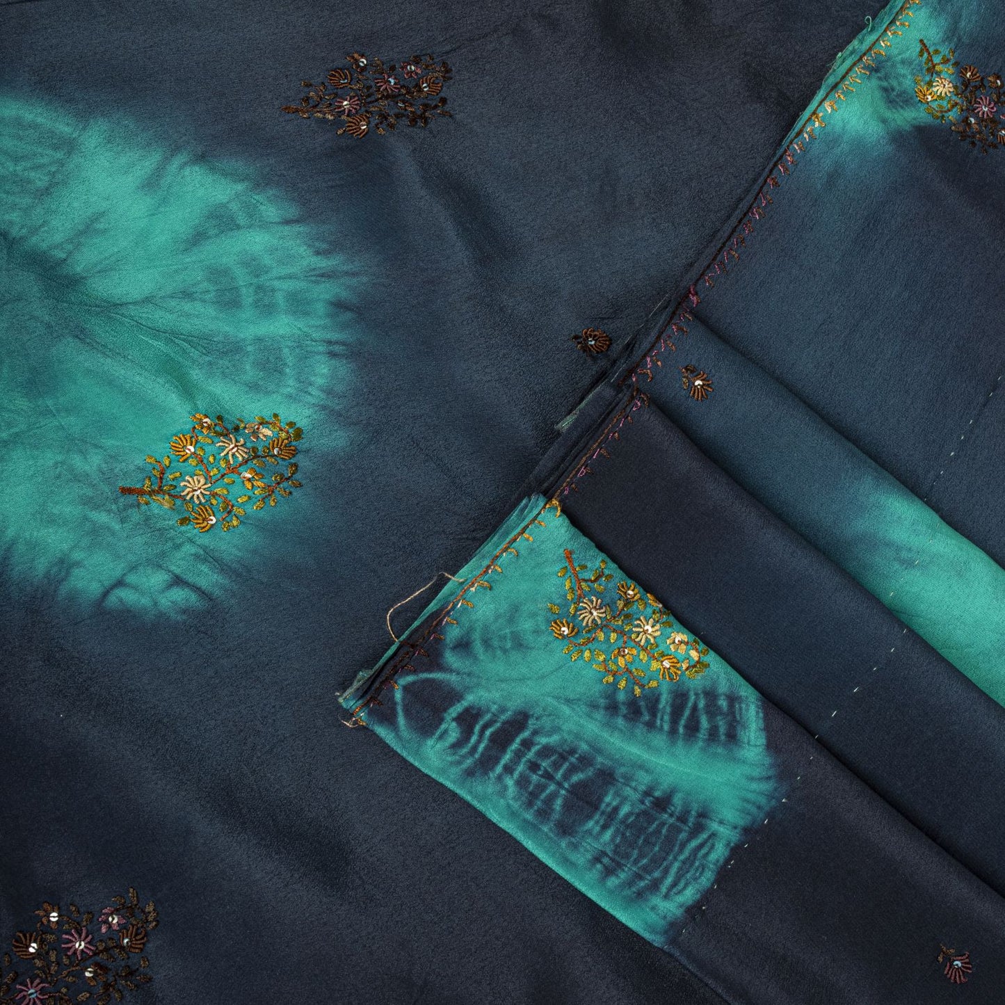 Sanskriti Vintage Saree Blue Pure Crepe Tie-Dye-Hand Embroidered Sari Fabric