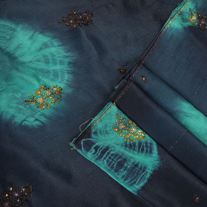Sanskriti Vintage Saree Blue Pure Crepe Tie-Dye-Hand Embroidered Sari Fabric