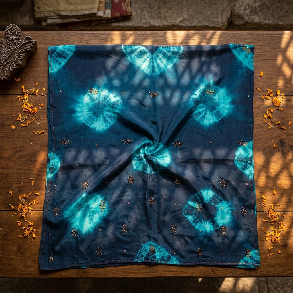 Sanskriti Vintage Saree Blue Pure Crepe Tie-Dye-Hand Embroidered Sari Fabric