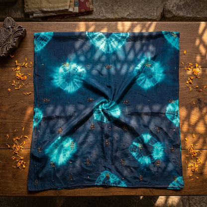 Sanskriti Vintage Saree Blue Pure Crepe Tie-Dye-Hand Embroidered Sari Fabric