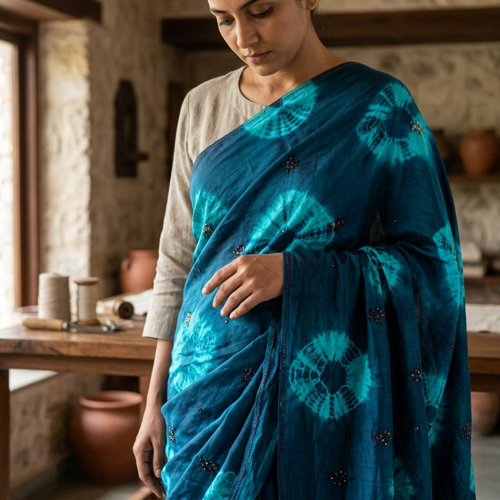 Sanskriti Vintage Saree Blue Pure Crepe Tie-Dye-Hand Embroidered Sari Fabric