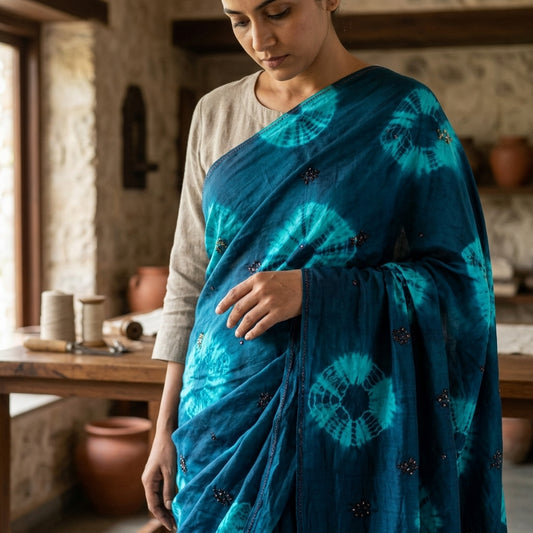 Sanskriti Vintage Saree Blue Pure Crepe Tie-Dye-Hand Embroidered Sari Fabric
