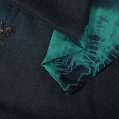 Sanskriti Vintage Saree Blue Pure Crepe Tie-Dye-Hand Embroidered Sari Fabric