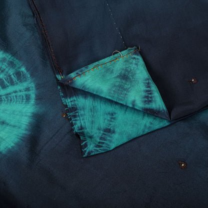 Sanskriti Vintage Saree Blue Pure Crepe Tie-Dye-Hand Embroidered Sari Fabric